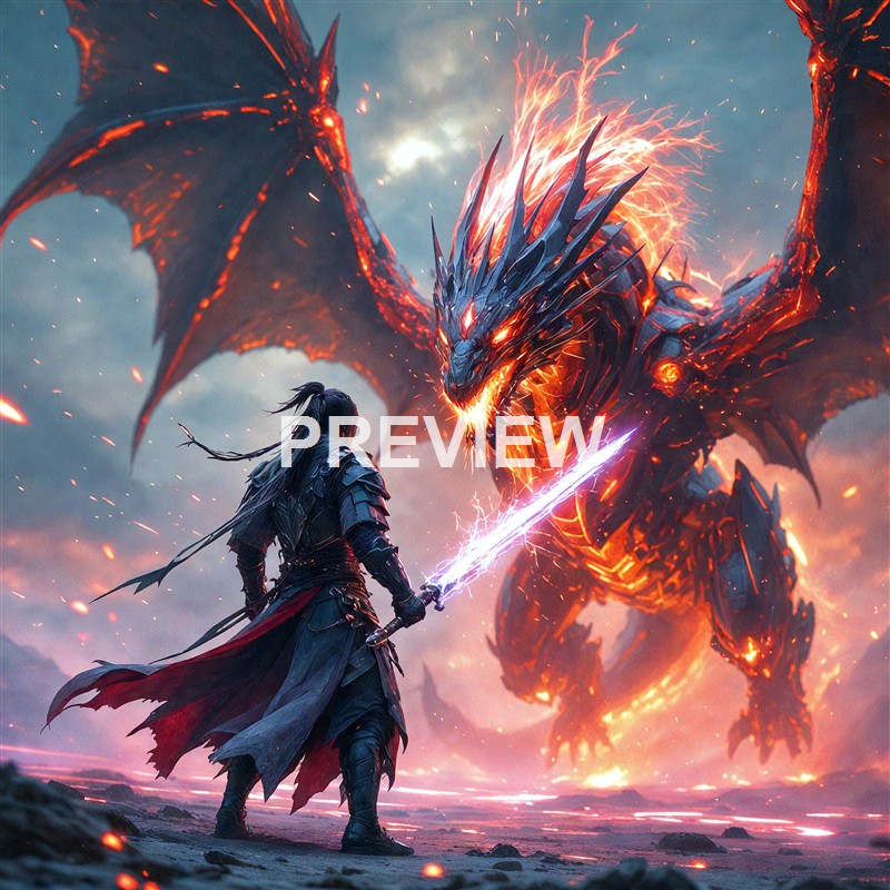A warrior in armor confronts a massive, fiery dragon with glowing scales and wings, both surrounded by sparks and glowing embers in a dramatic, fantasy battle scene.